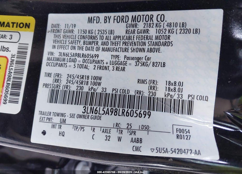 2020 LINCOLN MKZ STANDARD VIN: 3LN6L5A98LR605699
