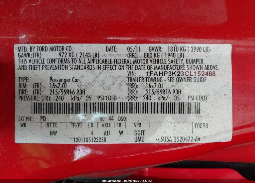 2012 FORD FOCUS SE VIN: 1FAHP3K23CL152488