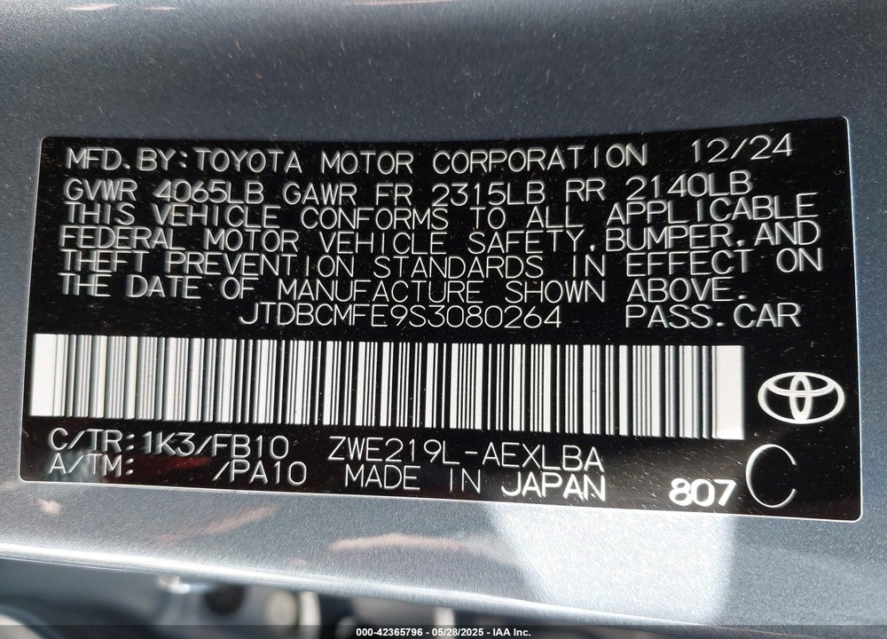 2025 TOYOTA COROLLA VIN: JTDBCMFE9S3080264