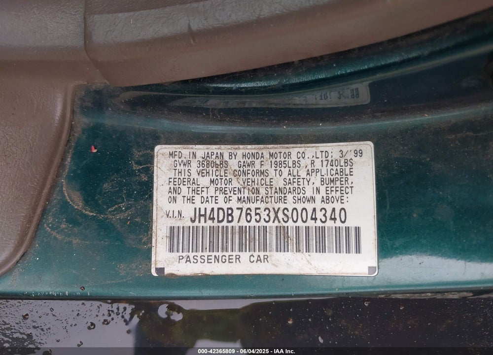 1999 ACURA INTEGRA LS VIN: JH4DB7653XS004340