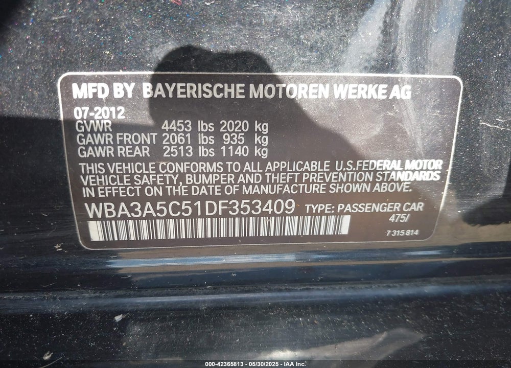 2013 BMW 328I VIN: WBA3A5C51DF353409