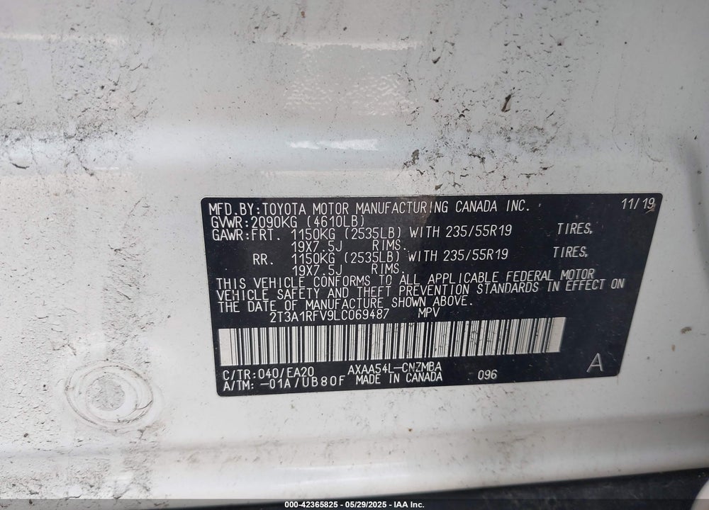 2020 TOYOTA RAV4 VIN: 2T3A1RFV9LC069487