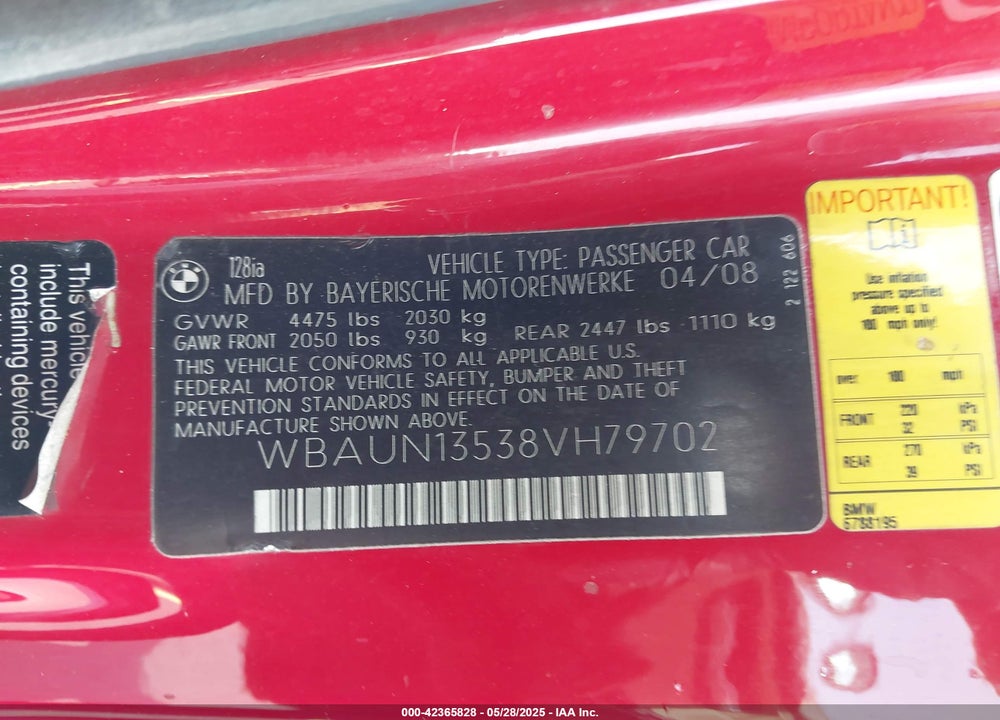 2008 BMW 128I VIN: WBAUN13538VH79702