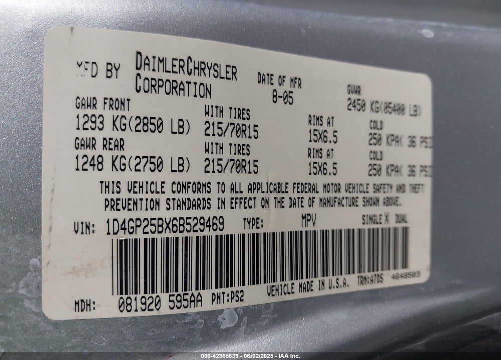 2006 DODGE CARAVAN SE VIN: 1D4GP25BX6B529469