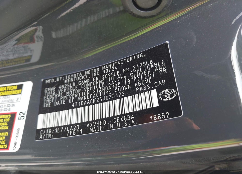 2025 TOYOTA CAMRY VIN: 4T1DAACK2SU073122