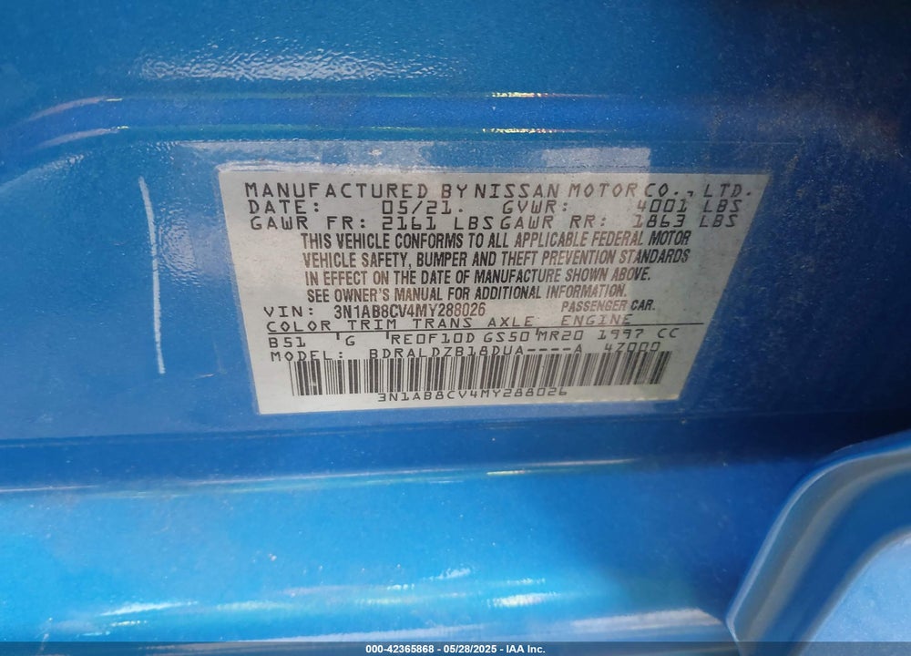 2021 NISSAN SENTRA VIN: 3N1AB8CV4MY288026