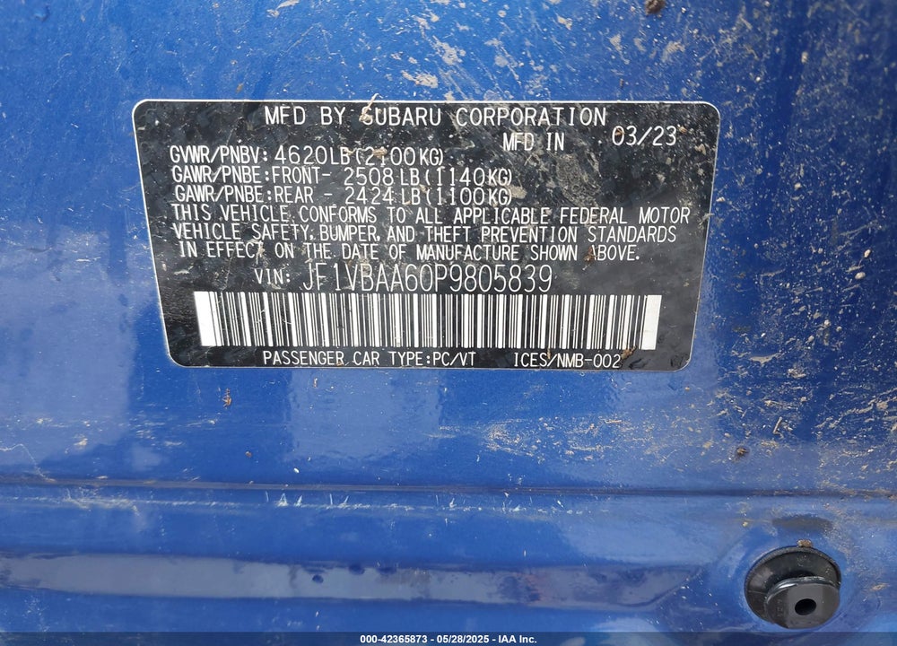 2023 SUBARU WRX VIN: JF1VBAA60P9805839