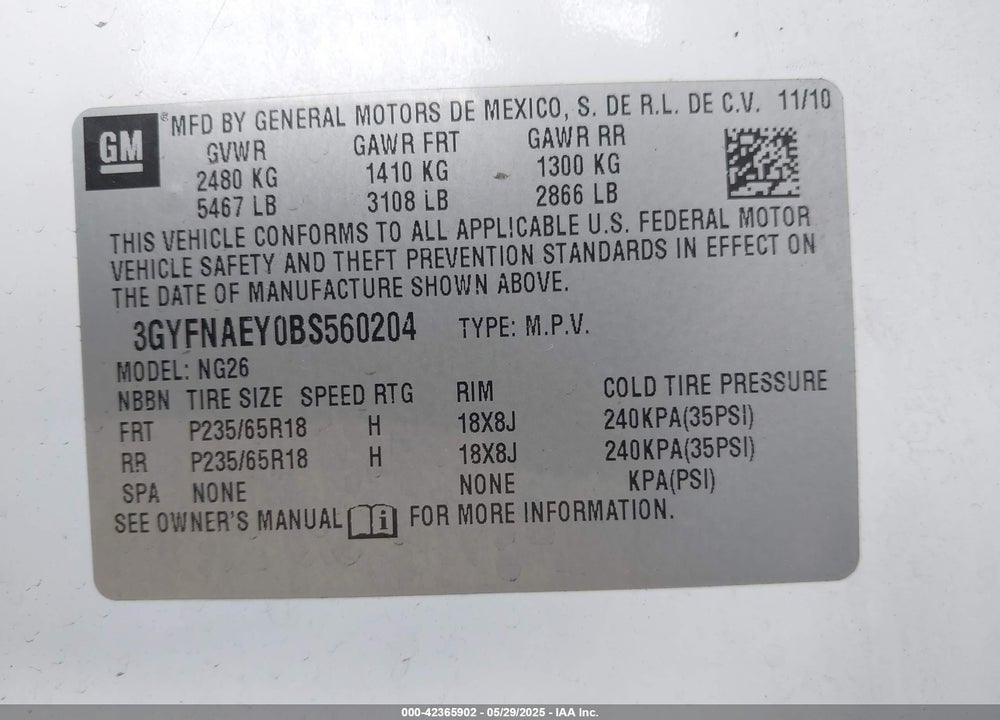 2011 CADILLAC SRX LUXURY COLLECTION VIN: 3GYFNAEY0BS560204