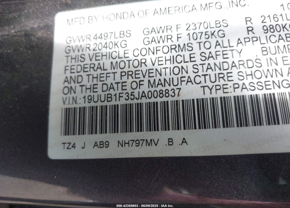 2018 ACURA TLX VIN: 19UUB1F35JA008837