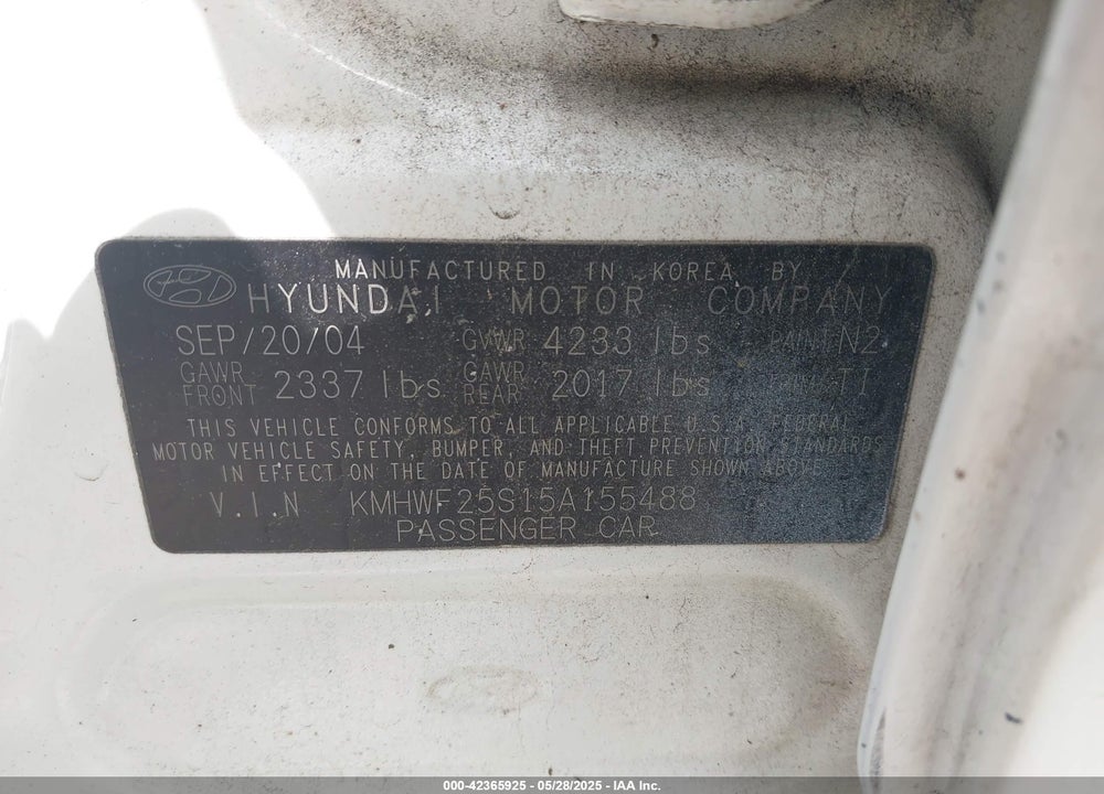 2005 HYUNDAI SONATA GL VIN: KMHWF25S15A155488