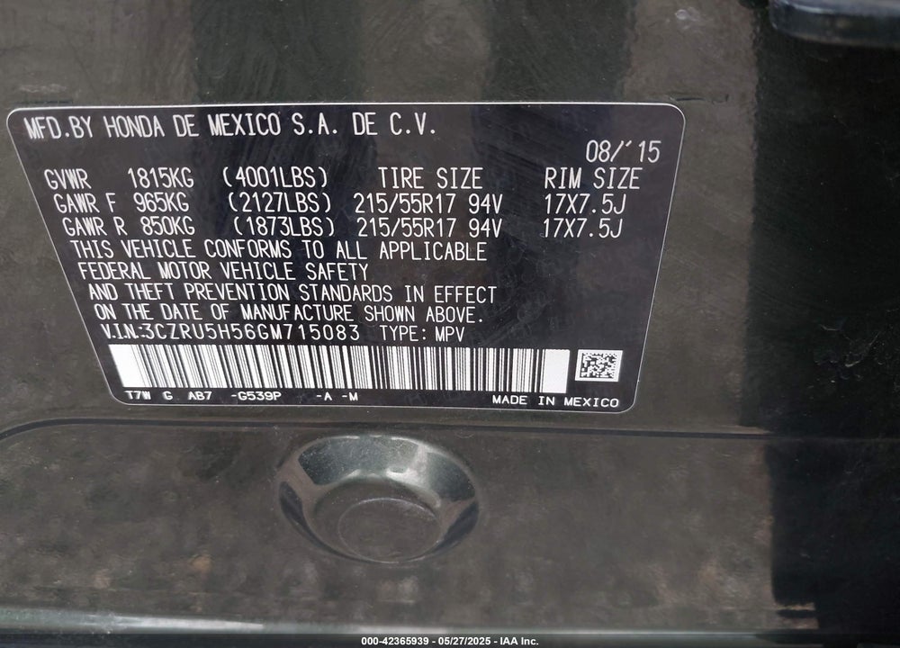 2016 HONDA HR-V EX VIN: 3CZRU5H56GM715083