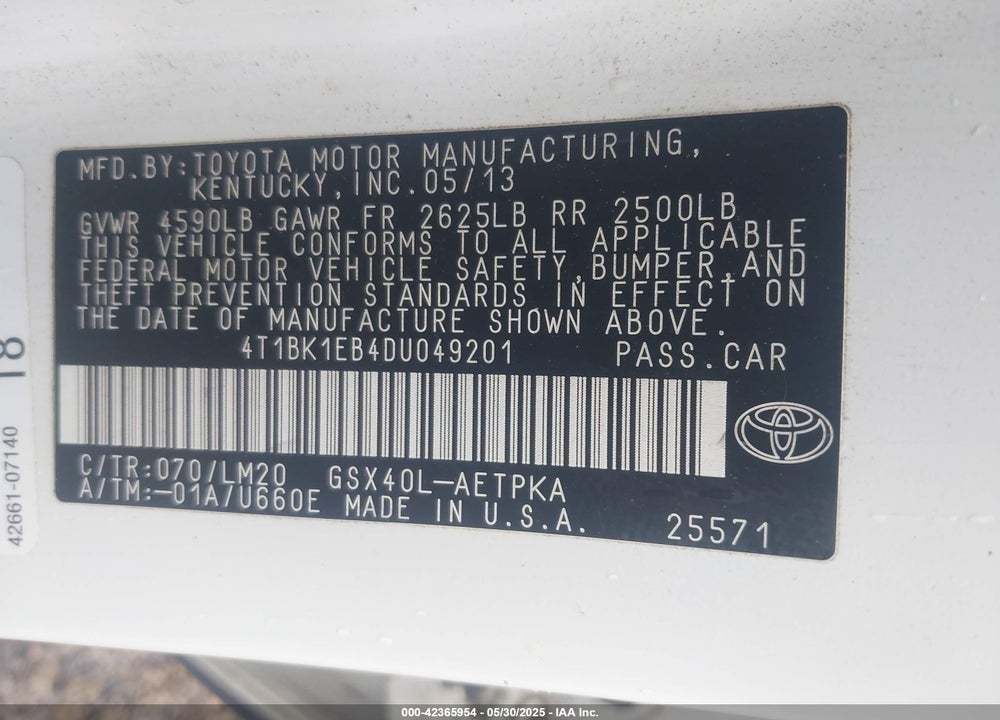 2013 TOYOTA AVALON LIMITED VIN: 4T1BK1EB4DU049201