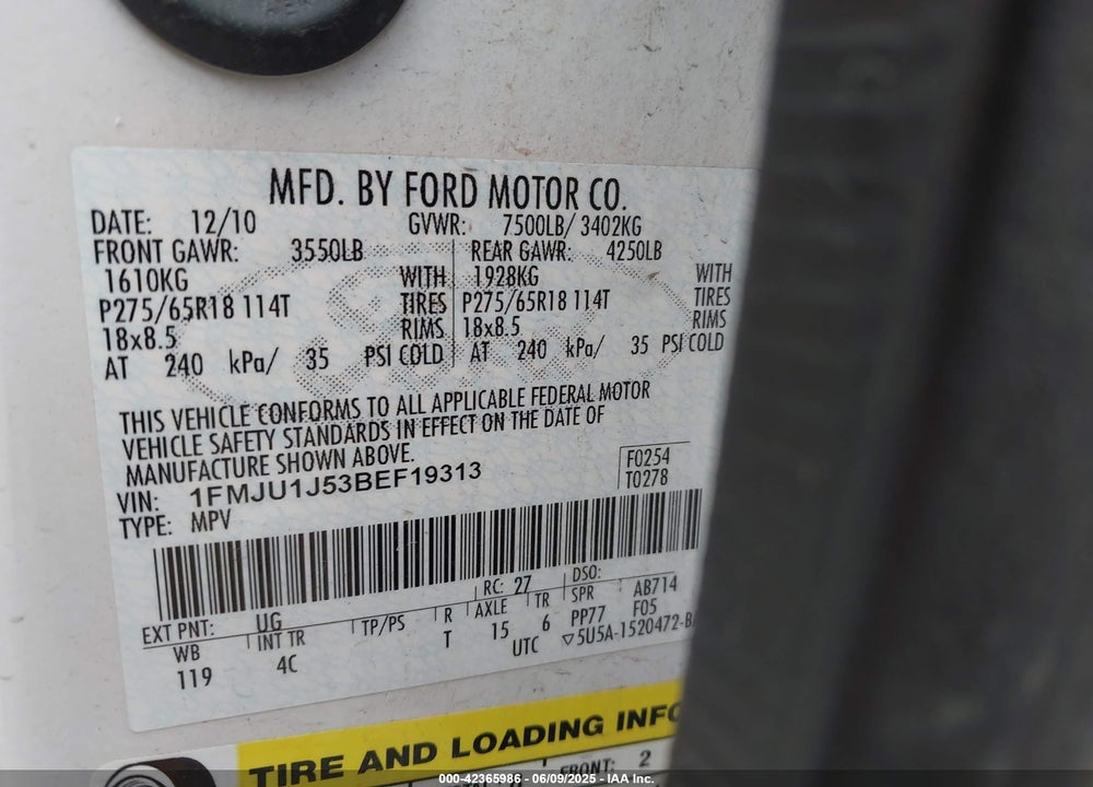 2011 FORD EXPEDITION XLT VIN: 1FMJU1J53BEF19313