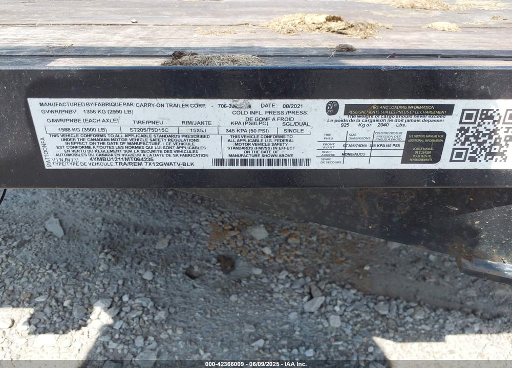 2021 CARRY ON 7X12 TRAILER VIN: 4YMBU1211MT064235