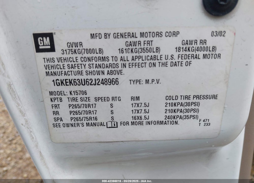 2002 GMC YUKON DENALI VIN: 1GKEK63U62J248966