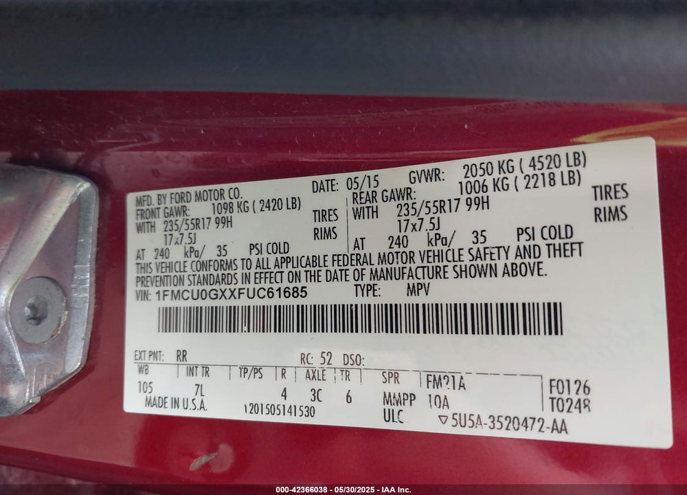 2015 FORD ESCAPE VIN: 1FMCU0GXXFUC61685