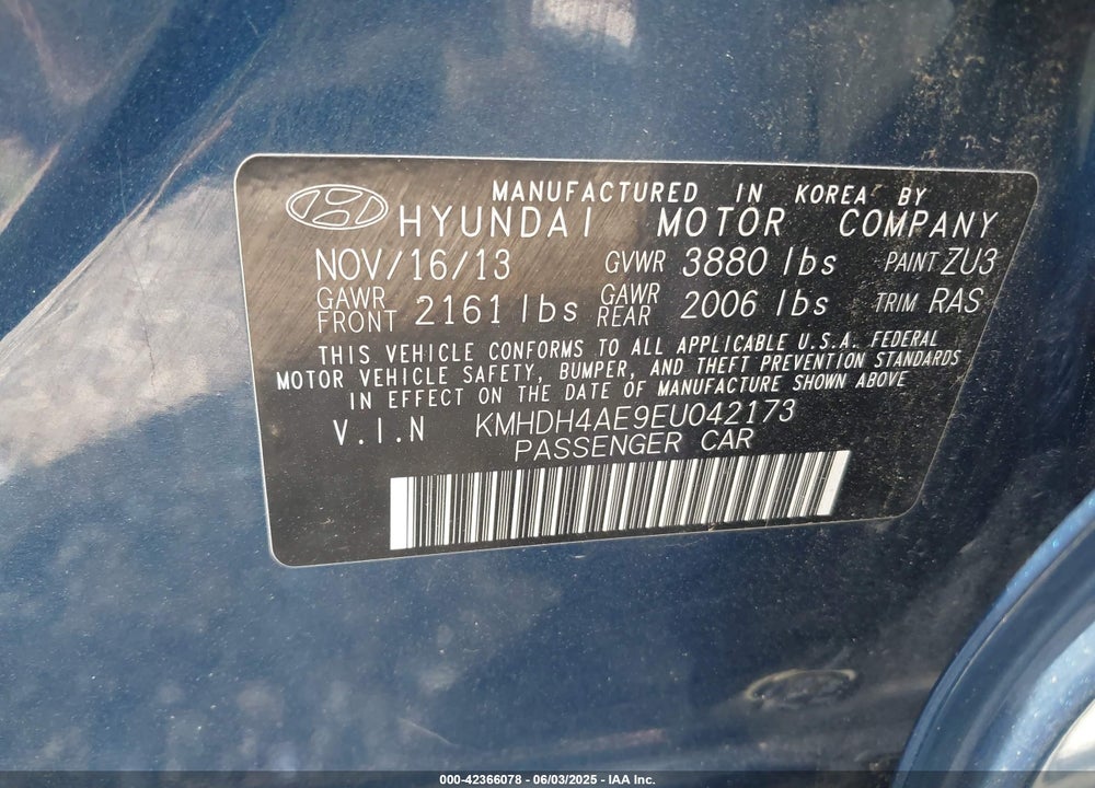 2014 HYUNDAI ELANTRA VIN: KMHDH4AE9EU042173