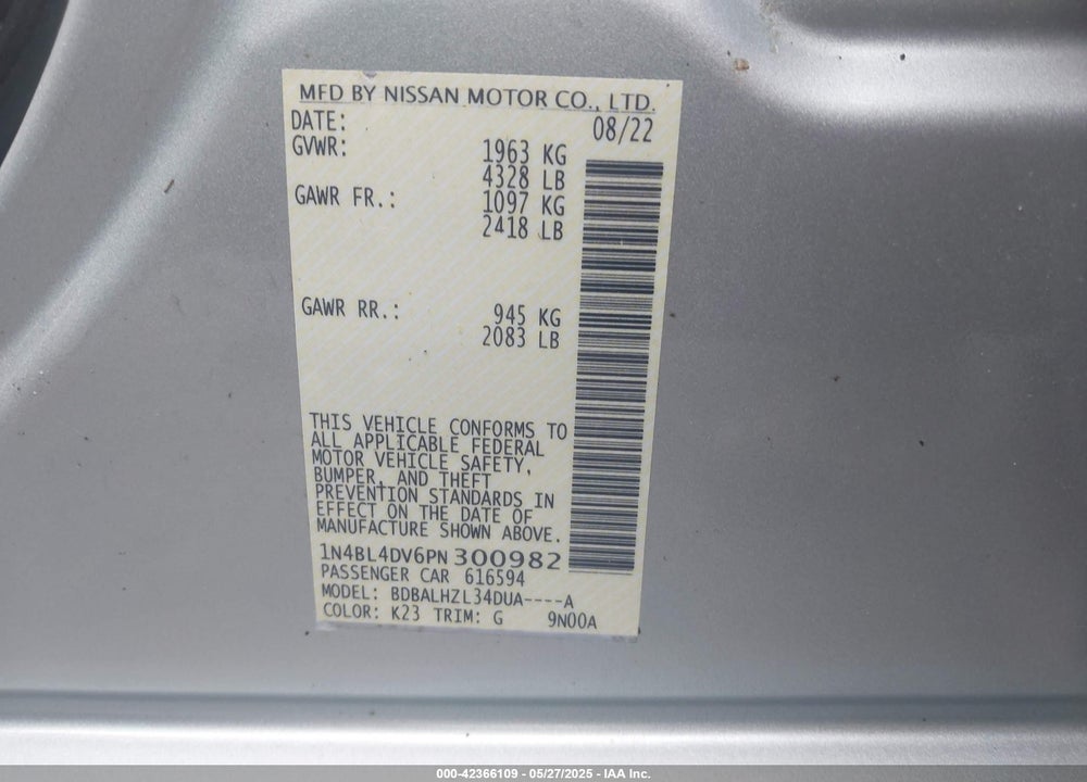 2023 NISSAN ALTIMA VIN: 1N4BL4DV6PN300982
