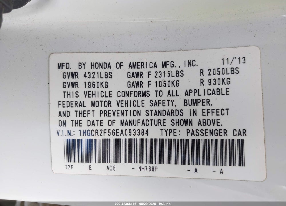 2014 HONDA ACCORD VIN: 1HGCR2F56EA093384