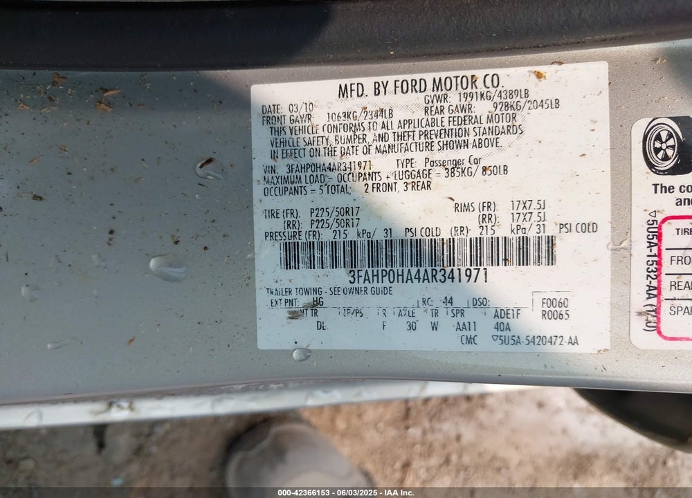 2010 FORD FUSION SE VIN: 3FAHP0HA4AR341971