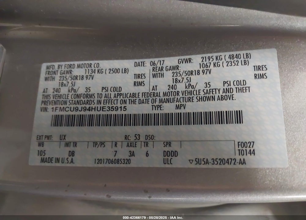 2017 FORD ESCAPE VIN: 1FMCU9J94HUE35915