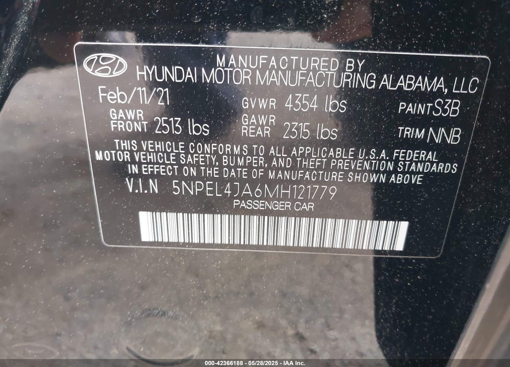 2021 HYUNDAI SONATA VIN: 5NPEL4JA6MH121779