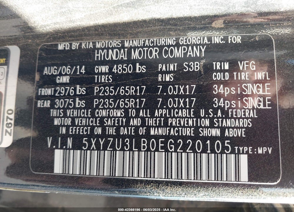 2014 HYUNDAI SANTA FE VIN: 5XYZU3LB0EG220105