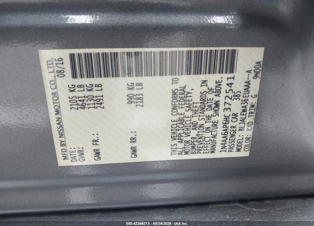 2017 NISSAN MAXIMA VIN: 1N4AA6AP6HC372541