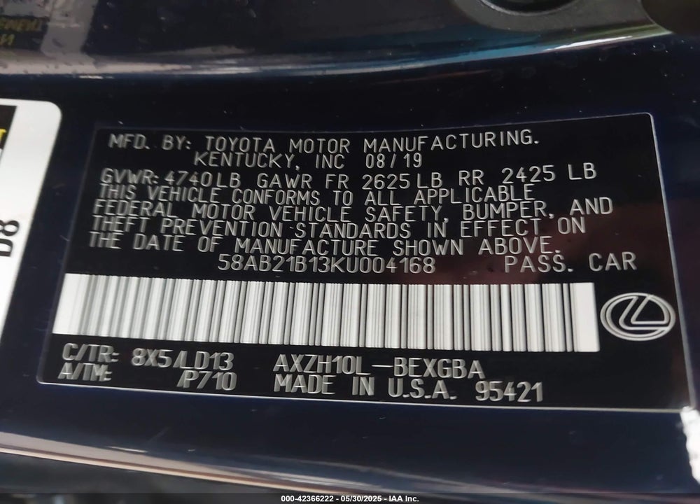 2019 LEXUS ES300H VIN: 58AB21B13KU004168