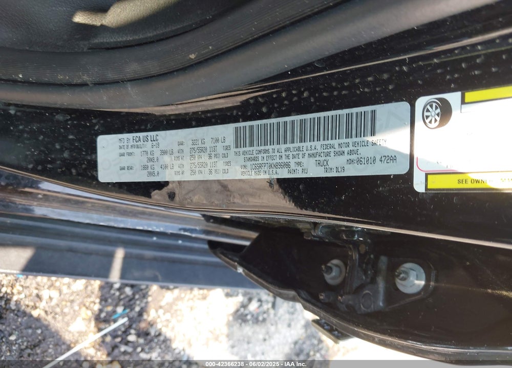 2019 RAM 1500 VIN: 1C6SRFPT0KN896086