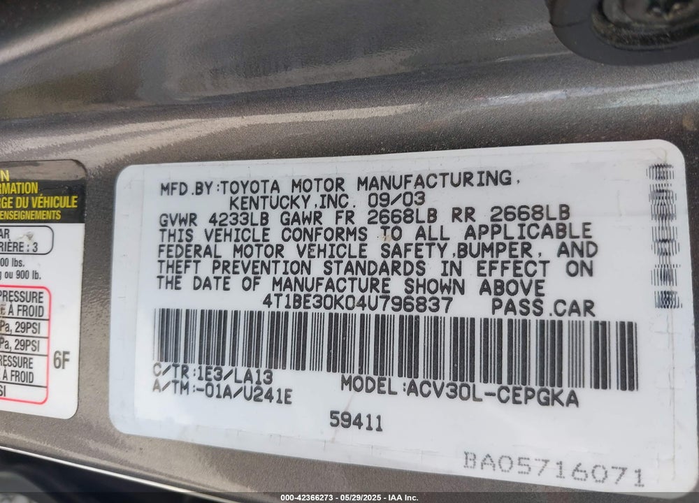 2004 TOYOTA CAMRY LE/SE/XLE VIN: 4T1BE30K04U796837