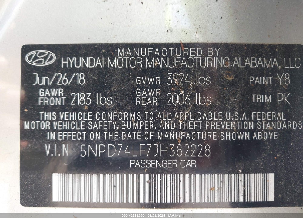 2018 HYUNDAI ELANTRA SE VIN: 5NPD74LF7JH382228