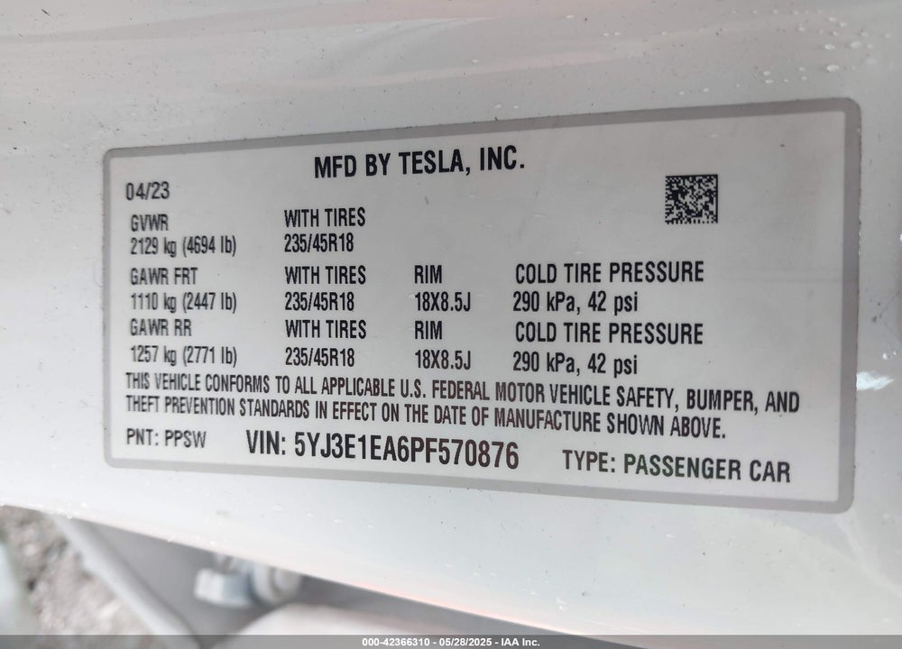 2023 TESLA MODEL 3 VIN: 5YJ3E1EA6PF570876
