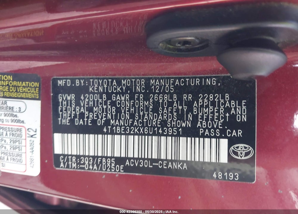 2006 TOYOTA CAMRY VIN: 4T1BE32KX6U143951