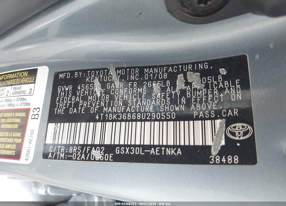 2008 TOYOTA AVALON VIN: 4T1BK36B68U290550