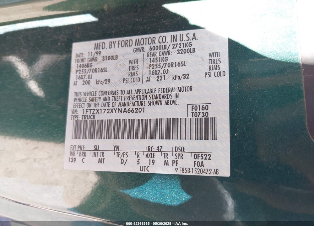 2000 FORD F-150 WORK SERIES/XL/XLT VIN: 1FTZX172XYNA66201