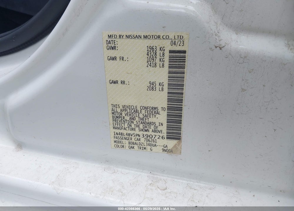 2023 NISSAN ALTIMA VIN: 1N4BL4BV5PN390726
