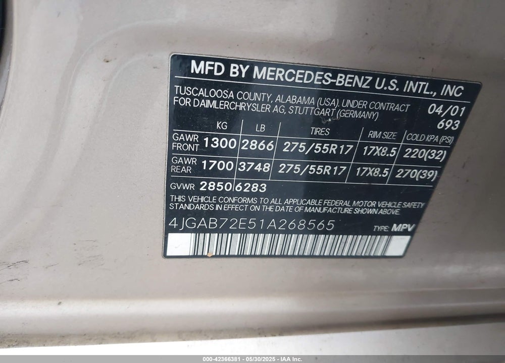 2001 MERCEDES-BENZ ML 430 VIN: 4JGAB72E51A268565