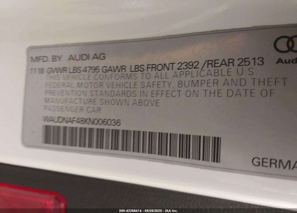 2019 AUDI A4 45 PREMIUM VIN: WAUDNAF48KN006036