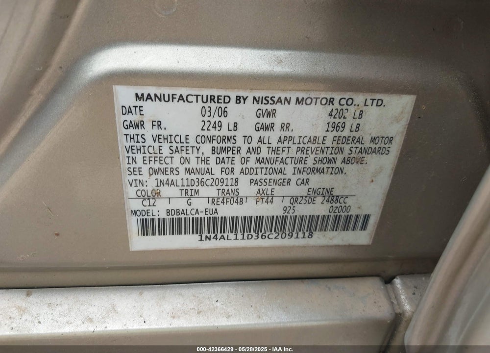 2006 NISSAN ALTIMA VIN: 1N4AL11D36C209118