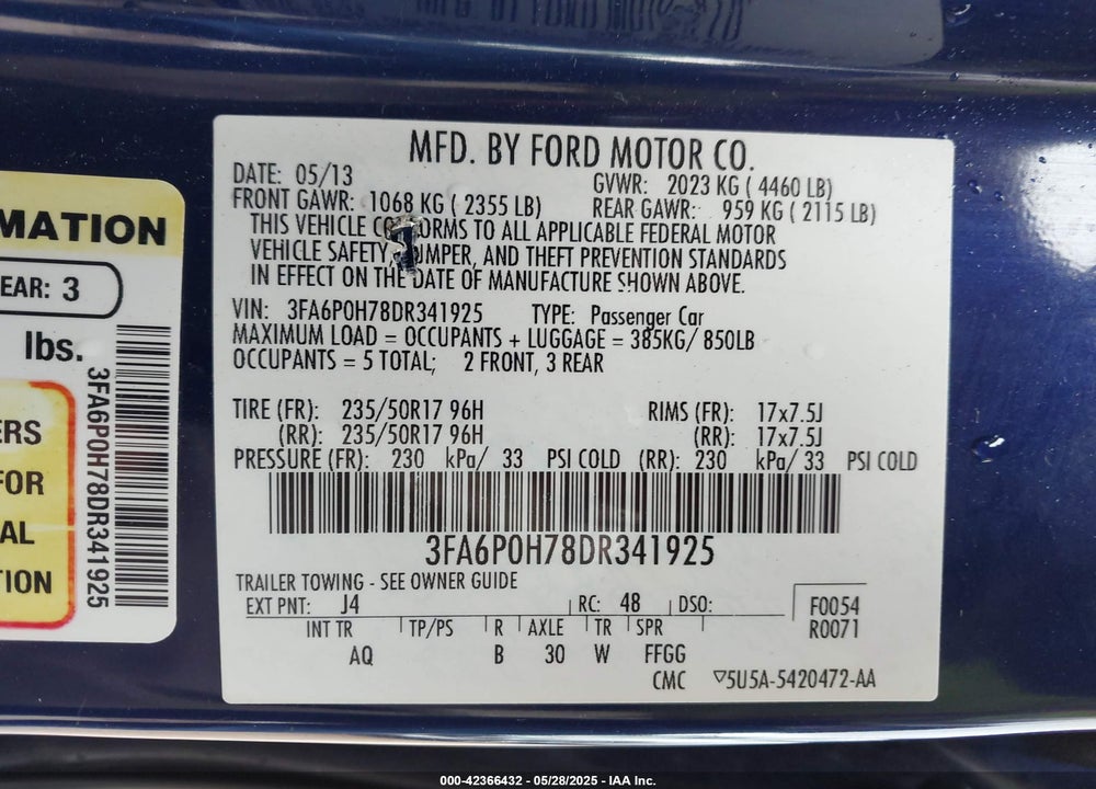 2013 FORD FUSION VIN: 3FA6P0H78DR341925