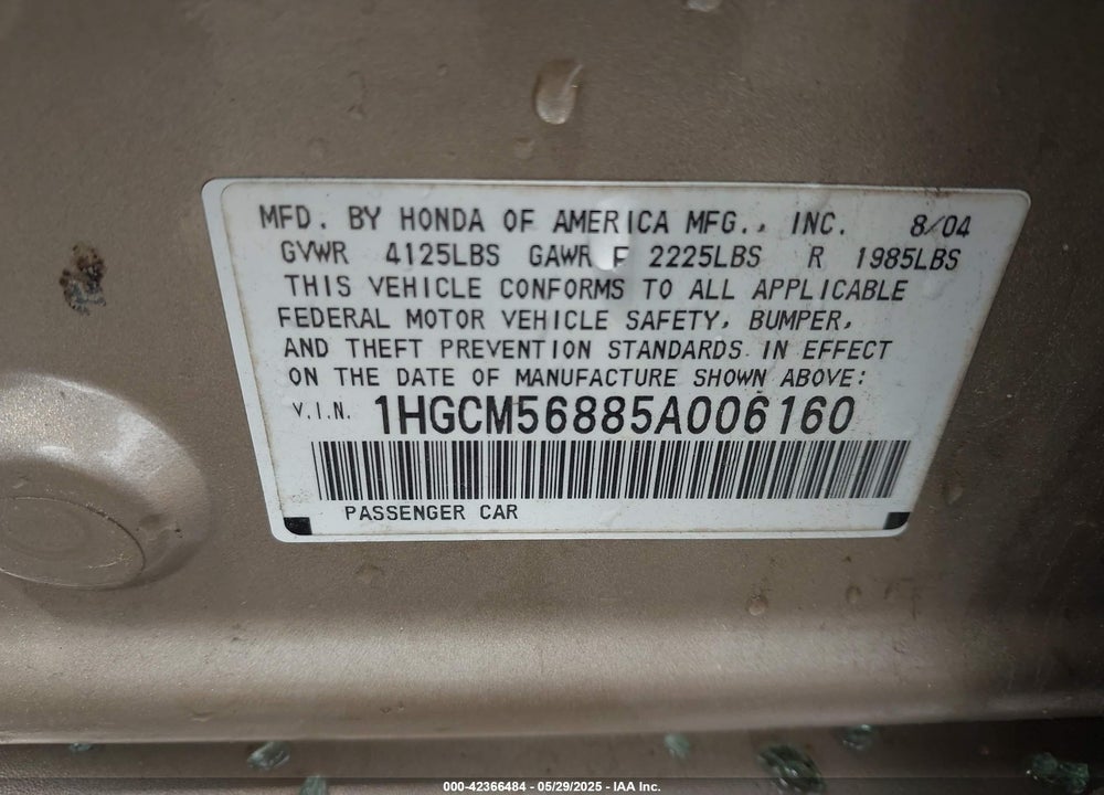 2005 HONDA ACCORD VIN: 1HGCM56885A006160