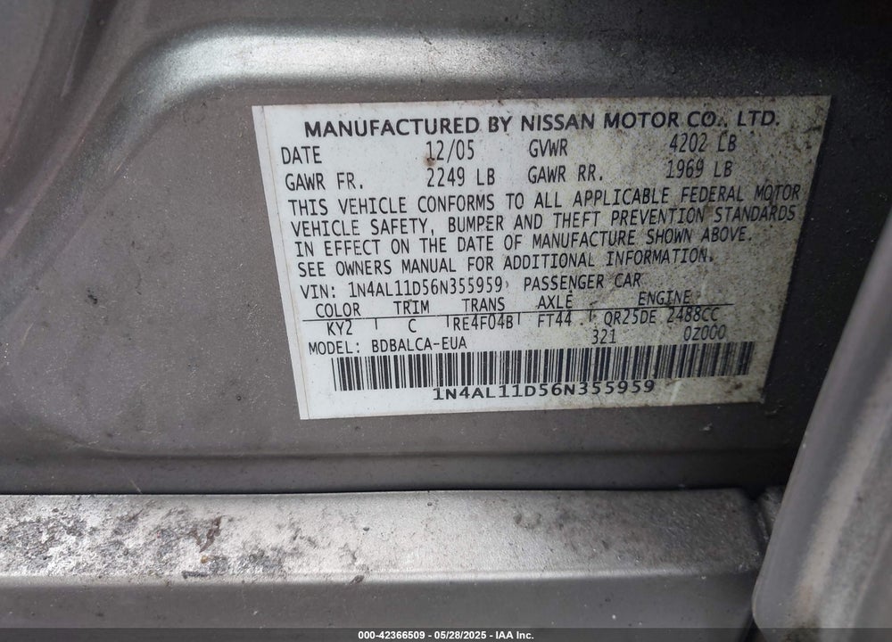 2006 NISSAN ALTIMA 2.5 S VIN: 1N4AL11D56N355959