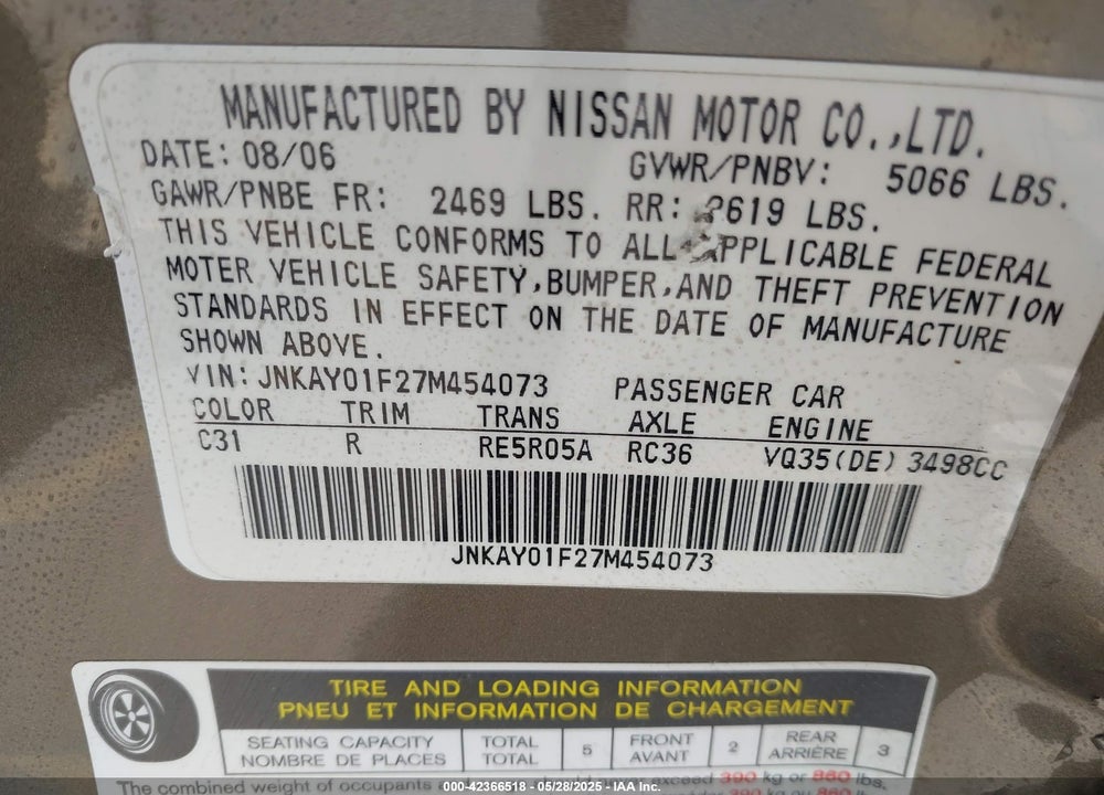 2007 INFINITI M35X VIN: JNKAY01F27M454073