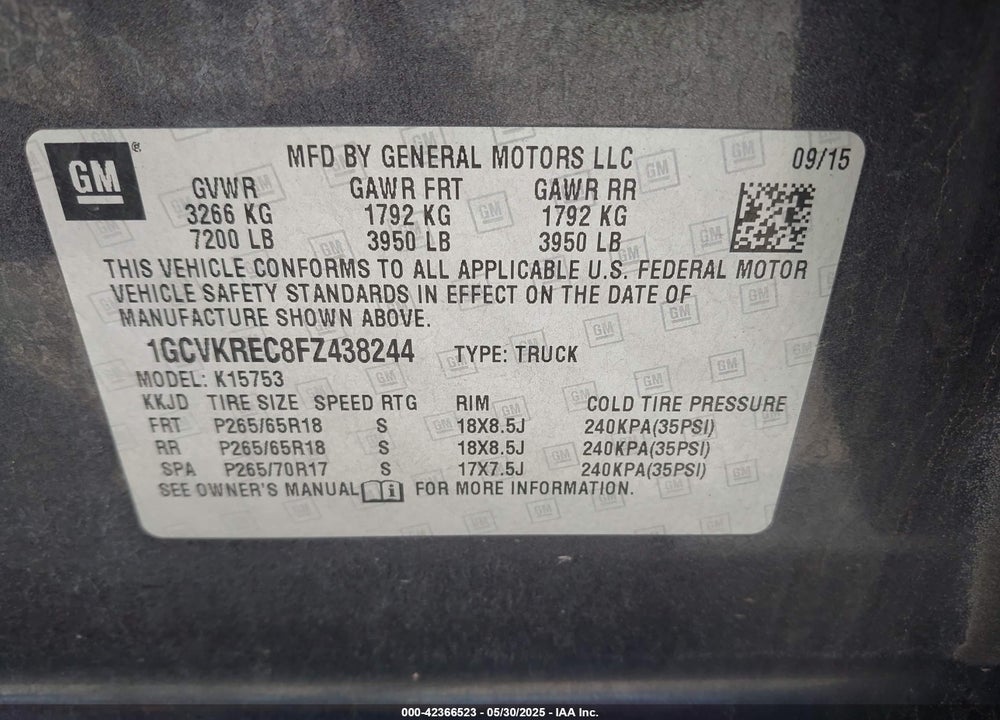 2015 CHEVROLET SILVERADO 1500 1LT VIN: 1GCVKREC8FZ438244