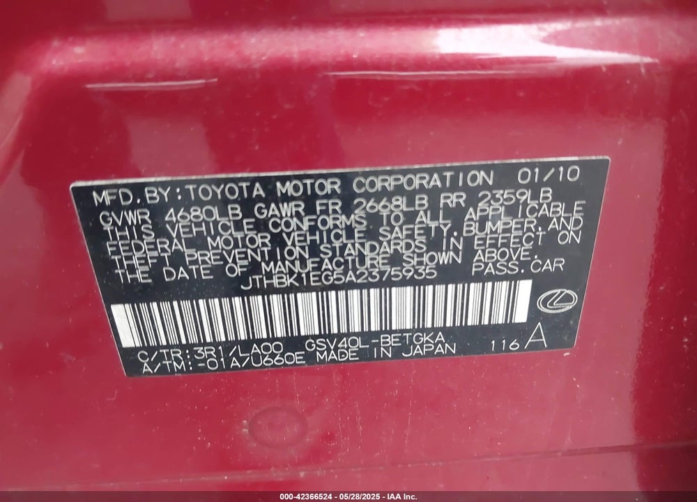 2010 LEXUS ES 350 VIN: JTHBK1EG5A2375935