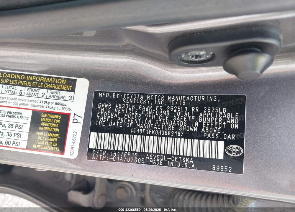 2017 TOYOTA CAMRY VIN: 4T1BF1FK0HU682187