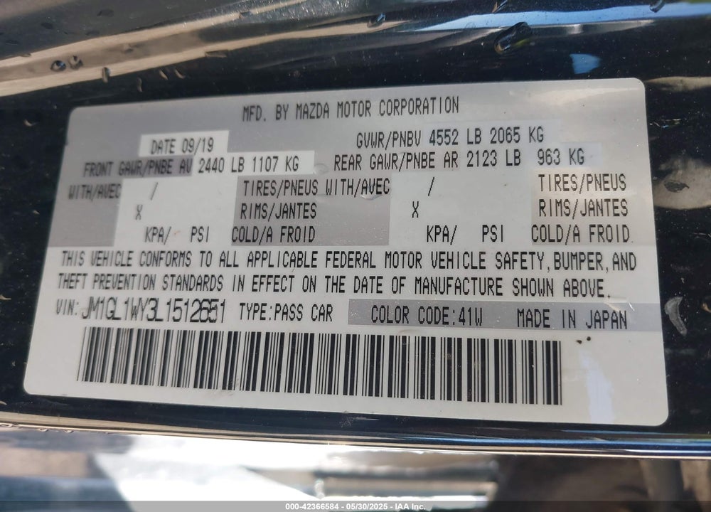 2020 MAZDA 6 VIN: JM1GL1WY3L1512651
