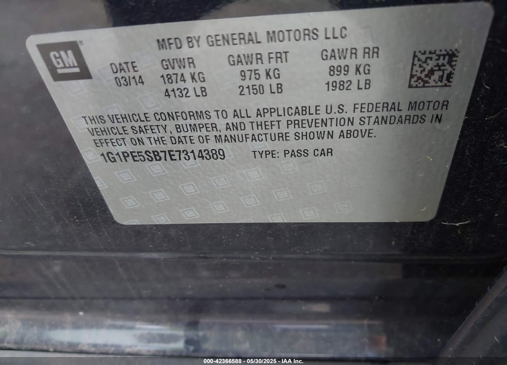 2014 CHEVROLET CRUZE VIN: 1G1PE5SB7E7314389