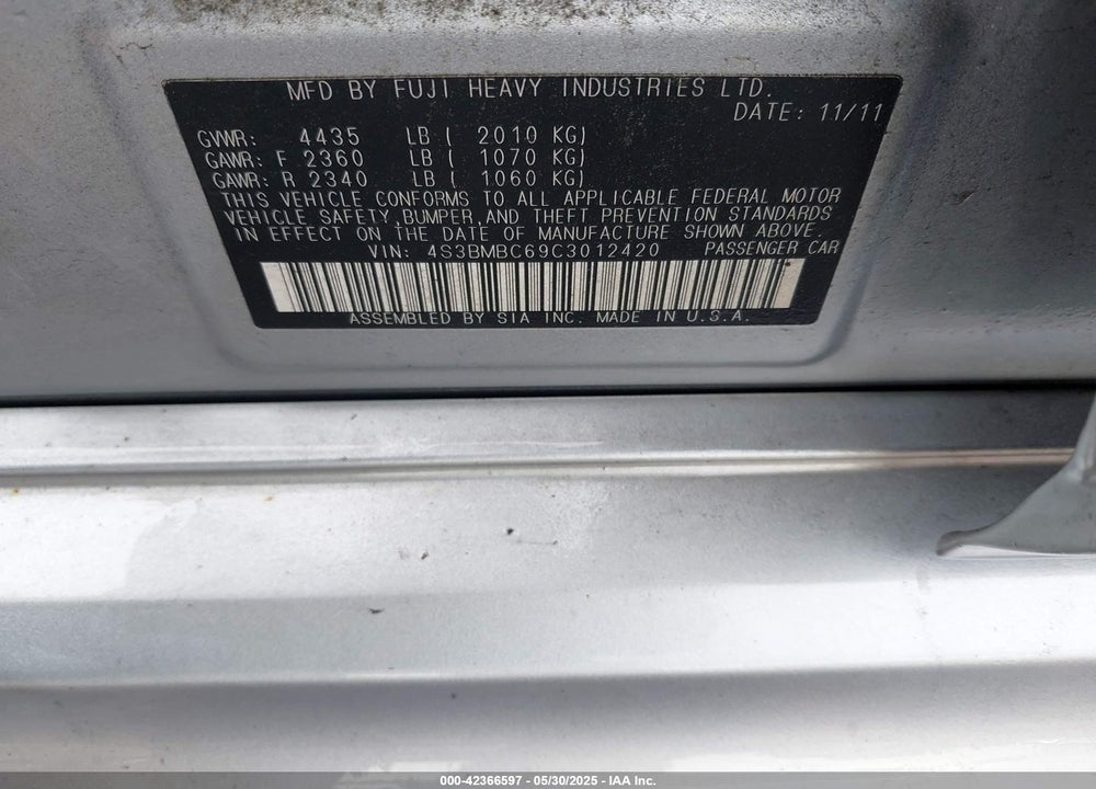 2012 SUBARU LEGACY VIN: 4S3BMBC69C3012420